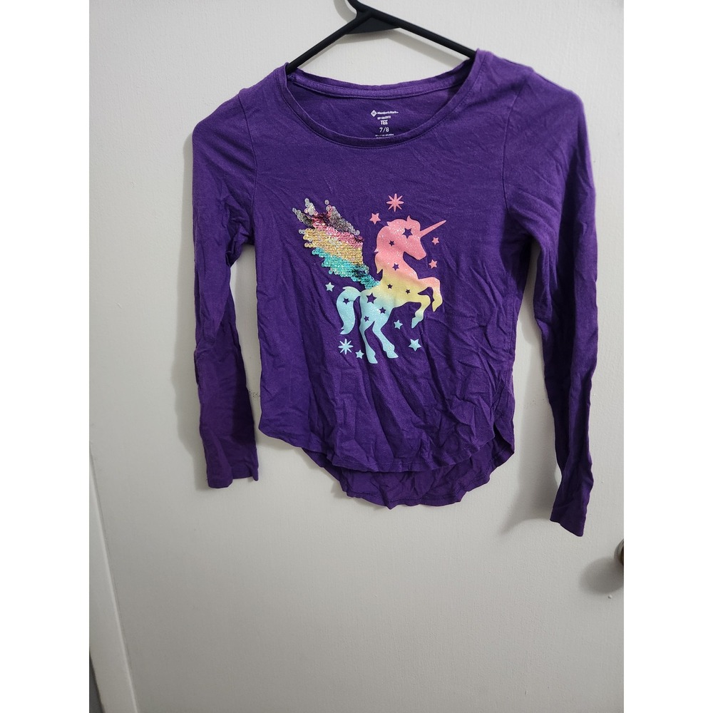 Member's Mark Girls Purple Unicorn Sequin Long Sleeve Tee Shirt Size 7/8‎